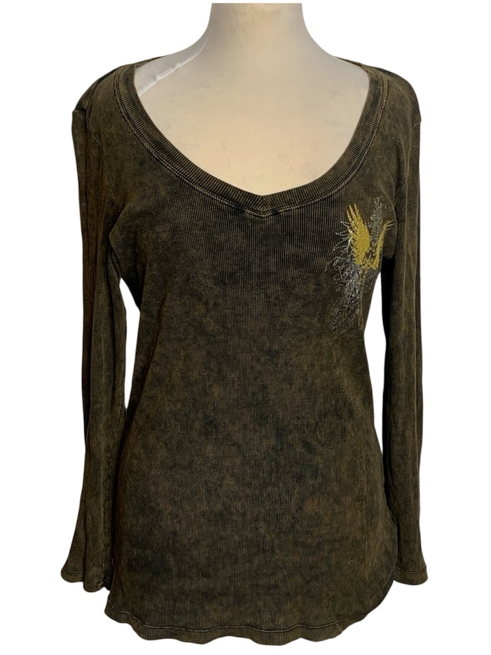 Y2K Central Park Cotton Angel Wing Grunge Goth Brown mineral wash longsleeve Top